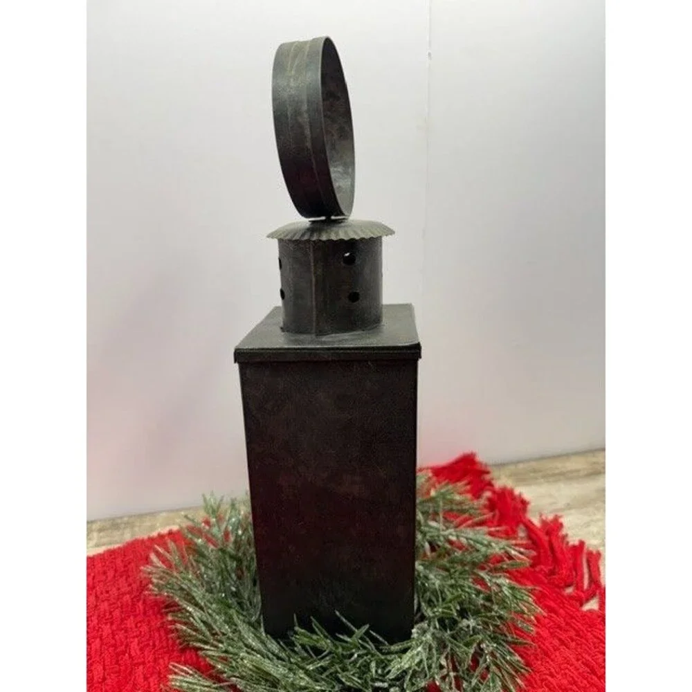 VINTAGE PRIMITIVE TIN CANDLE LANTERN WITH HANDLE 14